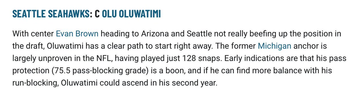 The pick for Seattle is Olu Oluwatimi, who heads into OTAs this week battling Nick Harris for the starting center job: