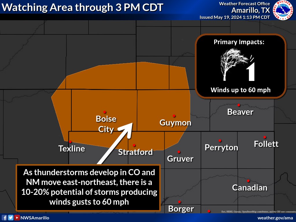 Not a high chance (only around 10-20%) through 3 PM, but we are watching portions of the NW combined Panhandles for thunderstorm potential through 3 PM CDT with highlighted risk #phwx #TXwx #OKwx
