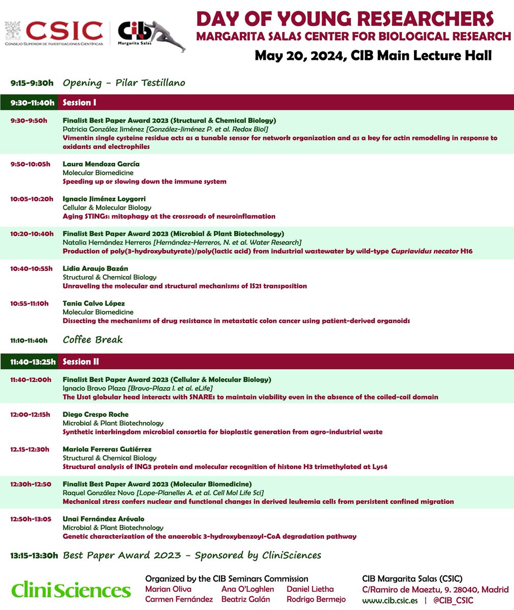 Mañana se celebra la Jornada de Jóvenes Investigadores del <a href="/CIB_CSIC/">CIB Margarita Salas (CSIC)</a> . Nuestra compañera <a href="/Nataliahdzh/">Natalia Hernández</a> es candidata al premio al mejor artículo científico por el trabajo publicado en <a href="/WaterRes_J/">Water Research</a> centrado en la producción de P(3HB)/PLA con C. necator H16. ¡Mucha suerte Natalia!
