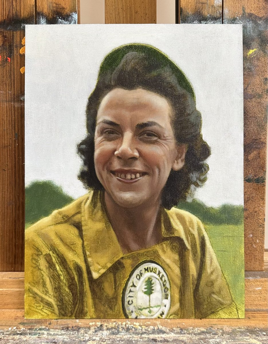 Here’s an in-progress painting of Dorothy Maguire with the Muskegon Lassies. Sometimes trying to emulate an overcast day can be a real challenge, but there’s some fun effects you can mess with, especially on oily skin.