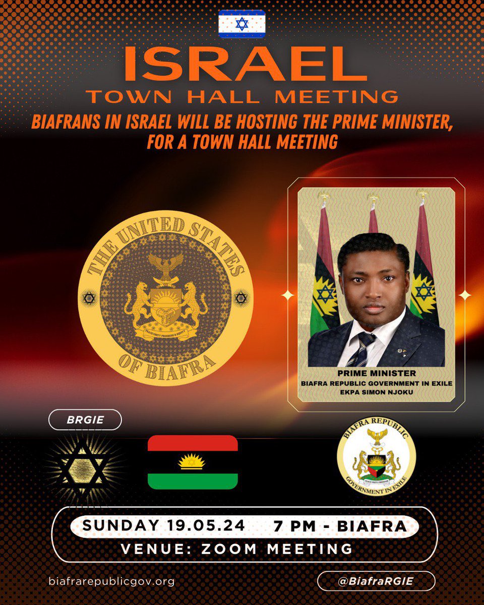 Please Join us as; Biafrans in Israel Welcomes Biafra P.M. His Excellency Simon Ekpa Date: Sunday May 19, 2024 Time: 07:00 PM Biafra Time Join Zoom Meeting us02web.zoom.us/j/84038811232?… Meeting ID: 840 3881 1232 Passcode: 595390 --- One tap mobile