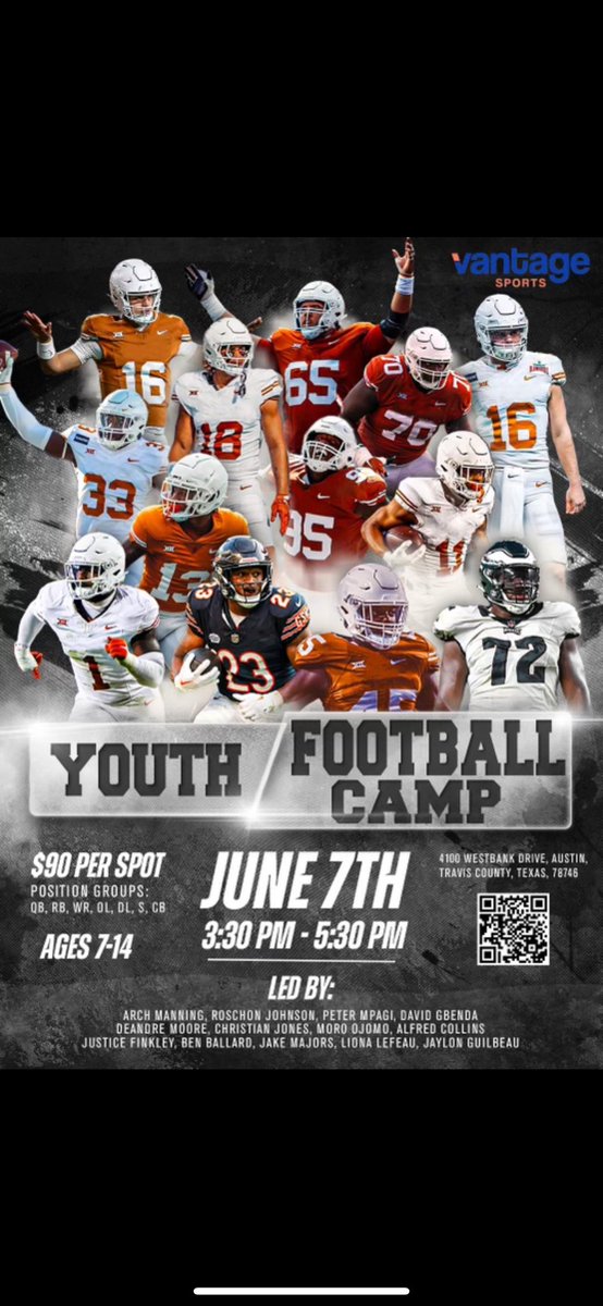 Come and join me and my teammates for our 2nd Annual UT Player Led Youth Football Camp on June 7th! Proceeds will be donated to the American Heart Association❤️

Link: vantagesports.com/training/3317