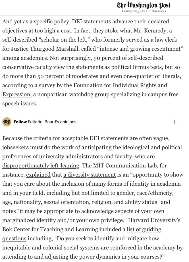 The New York Times editorial board calls for a culture of open inquiry on campus, and the Washington Post editorial board says that requiring DEI statements stifles independent thought. Seems like mainstream media is making some good moves.