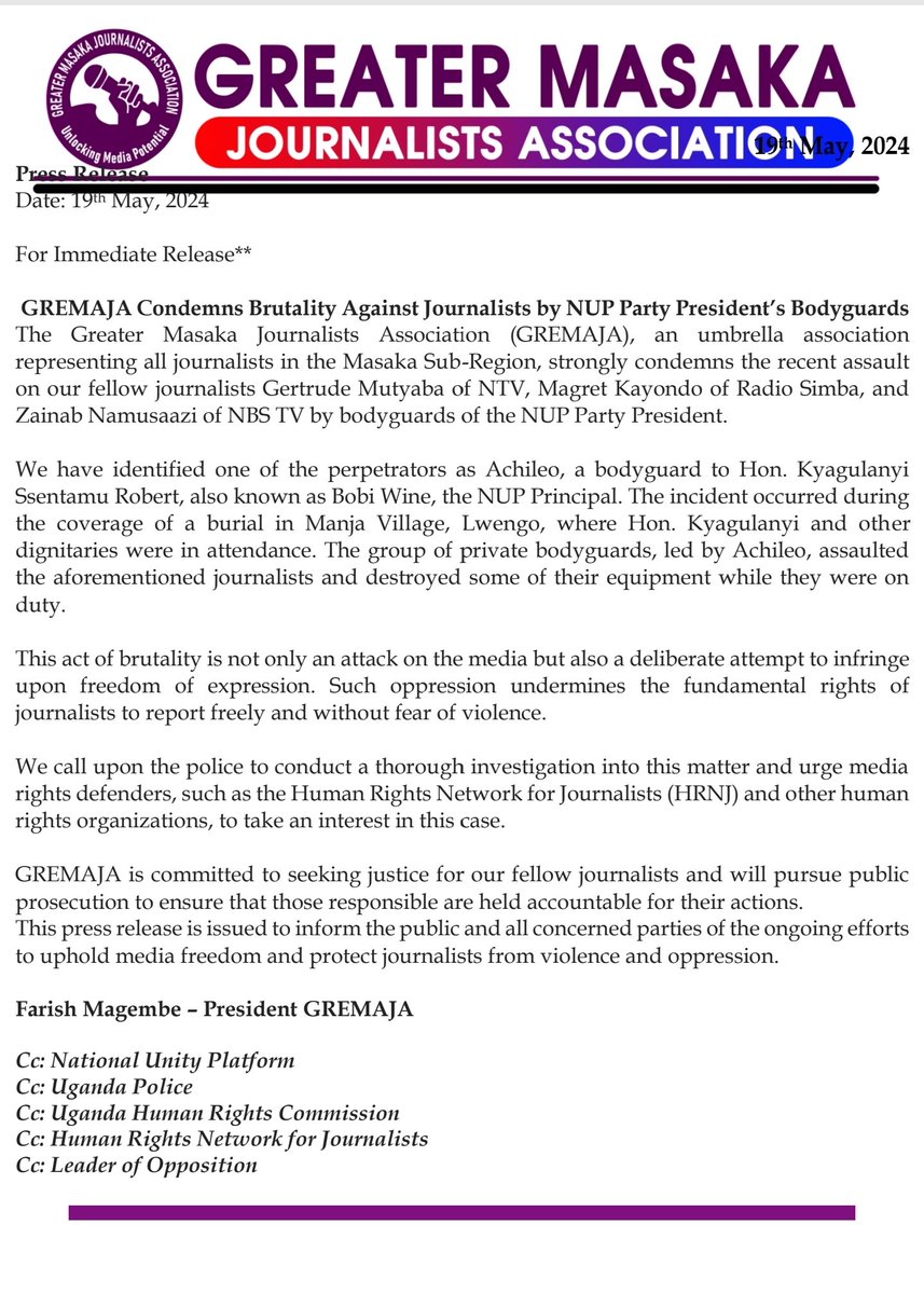 Greater Masaka Journalists Association Condemns Brutality Against Journalists by @NUP_Ug Party President’s 
@NUP_Ug
@HRNJUganda 
@JoelSsenyonyi
@HEBobiwine 
@PoliceUg 
@nvulescribe 
@ntvuganda 
@nextmediaug 
@radiobuddu98 
@Radiosimbatweet 
@nbstv