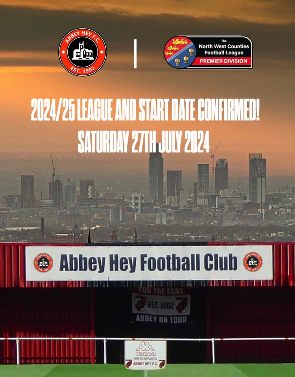 Mark your Calendars! As confirmed by the Northwest Counties Yesterday, The @nwcfl 24/25 season will commence on Saturday 27th July! Who are you hoping to face on the opening day Abbey Hey fans?