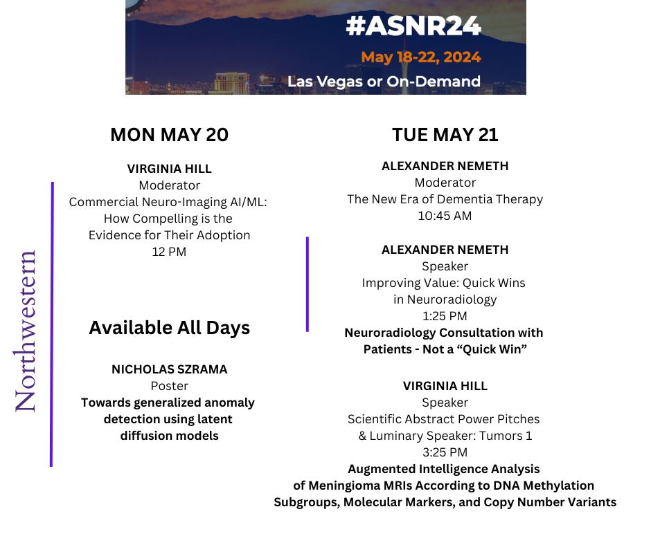 Don't miss these presentations by Drs. Virginia Hill, Alexander Nemeth and Nicholas Szrama at the ASNR conference. @TheASNR #ASNR24 #neuroradiology