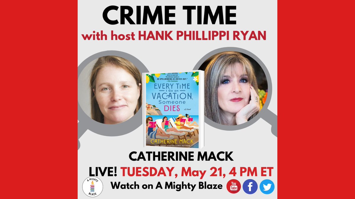 Crime Time host @HankPRyan welcomes @CEMcKenzie1 to discuss her debut novel, 'Every Time I Go on Vacation, Someone Dies.' It is a 'fizzy series debut...Mack...gleefully pokes fun at genre tropes while evoking Eleanor’s zany world...hilarious,' says @nytimesbooks. 4 PM ET TUES