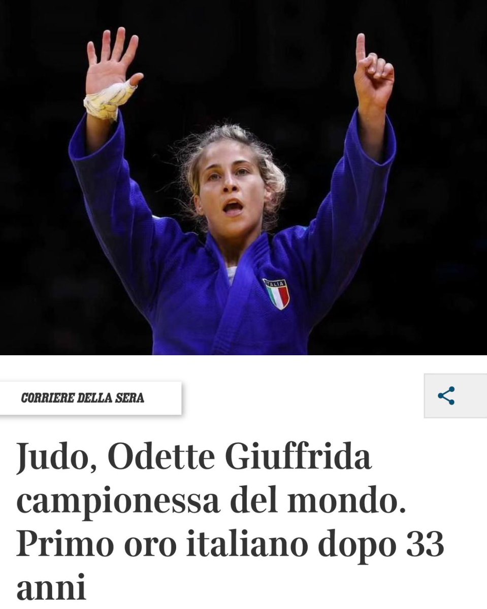 Complimenti alla nuova campionessa del mondo di Judo, Odette Giuffrida, che fa conquistare all’Italia il primo oro dopo 33 anni. Straordinaria 👏🏻🥇