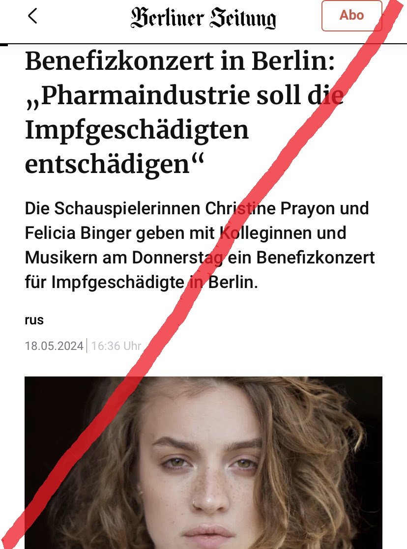 #b2305 #fckQuerdenken #FCKdieBasis 
Die 'Berliner Zeitung' bewirbt, wie gewohnt, die Veranstaltung von #FriedlichZusammen in der #Musikbrauerei mit #FeliciaBinger #SabineWinterfeldt #ChristinePrayon #AstridKohrs.