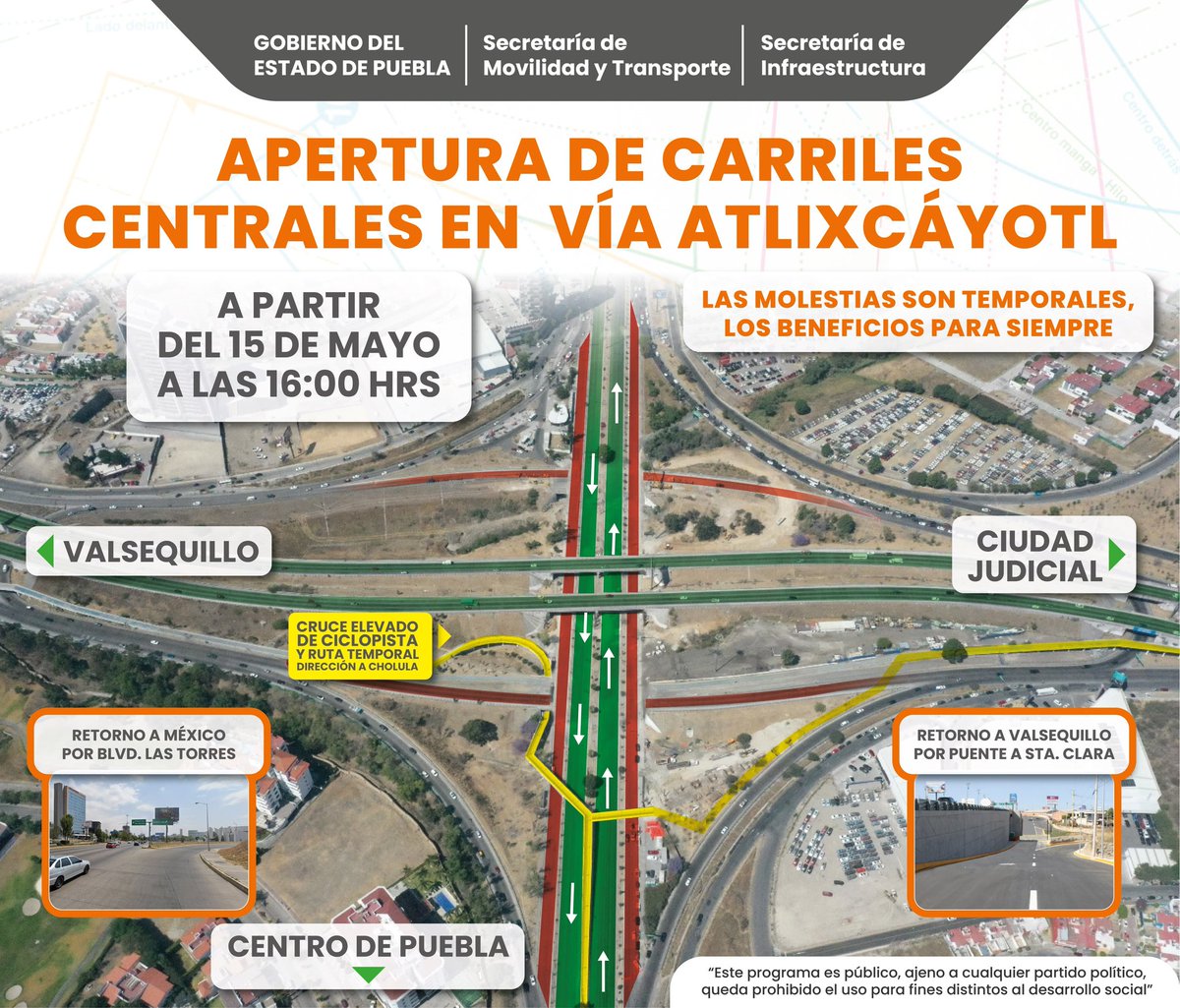 ⚠️ Atención Puebla Anuncia @Gob_Puebla apertura de carriles centrales en Vía Atlixcáyotl. Consulta la información aquí 👇