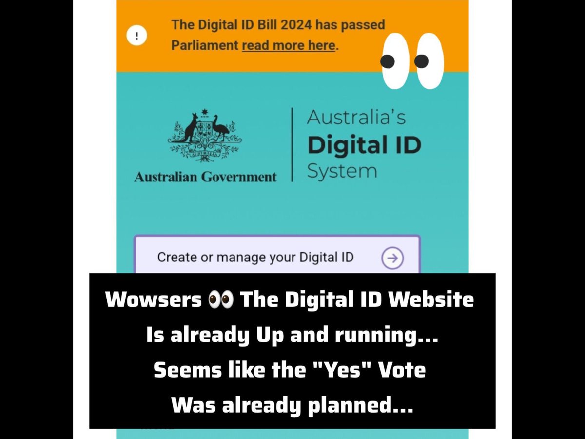 AUSTRALIA Isn't this just a Little Suspicious...The 𝘿𝙞𝙜𝙞𝙩𝙖𝙡 𝙄𝘿 passed parliament only 2 days ago, yet the website is already up and running and you can apply for 𝘿𝙞𝙜𝙞𝙩𝙖𝙡 𝙄𝘿 right now. One could be forgiven if they believed the 'Yes' Vote was already planned.