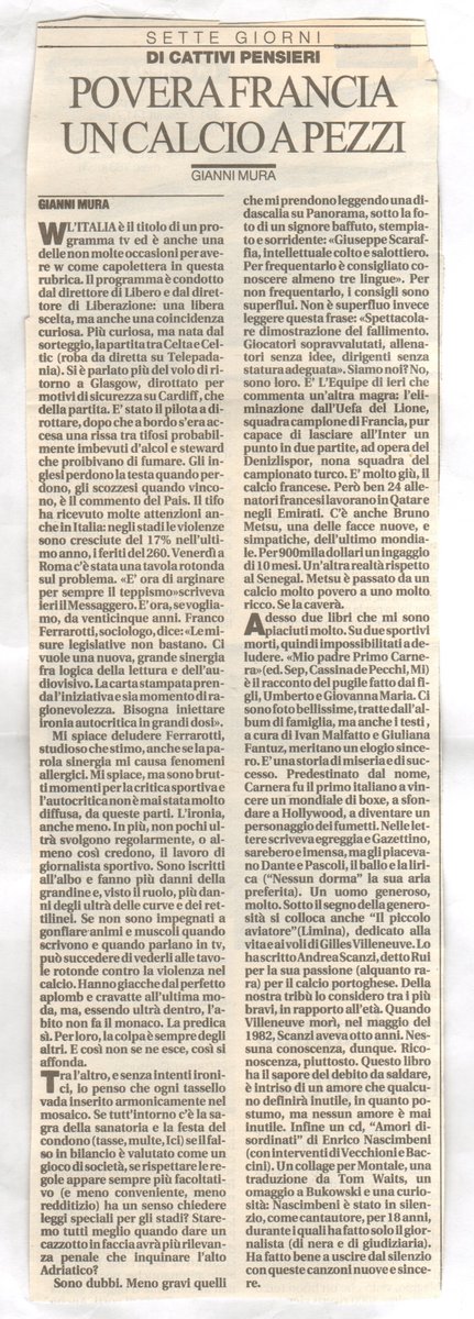 🅲🅾🅼' 🅴🆁🅰🆅🅰🅼🅾…

I #cattivi_pensieri di #GianniMura. 
E la #domenica. 'Questo di sette è̷ (𝑒𝑟𝑎) il più gradito giorno'.
@repubblica 15/12/2002
#ritagli_di_stampa

@giuliocardone69 @pazzoperrep @giusmo1 @SentieroDigital @PiervittorioM @aligip @matteopinci @PerSaturno