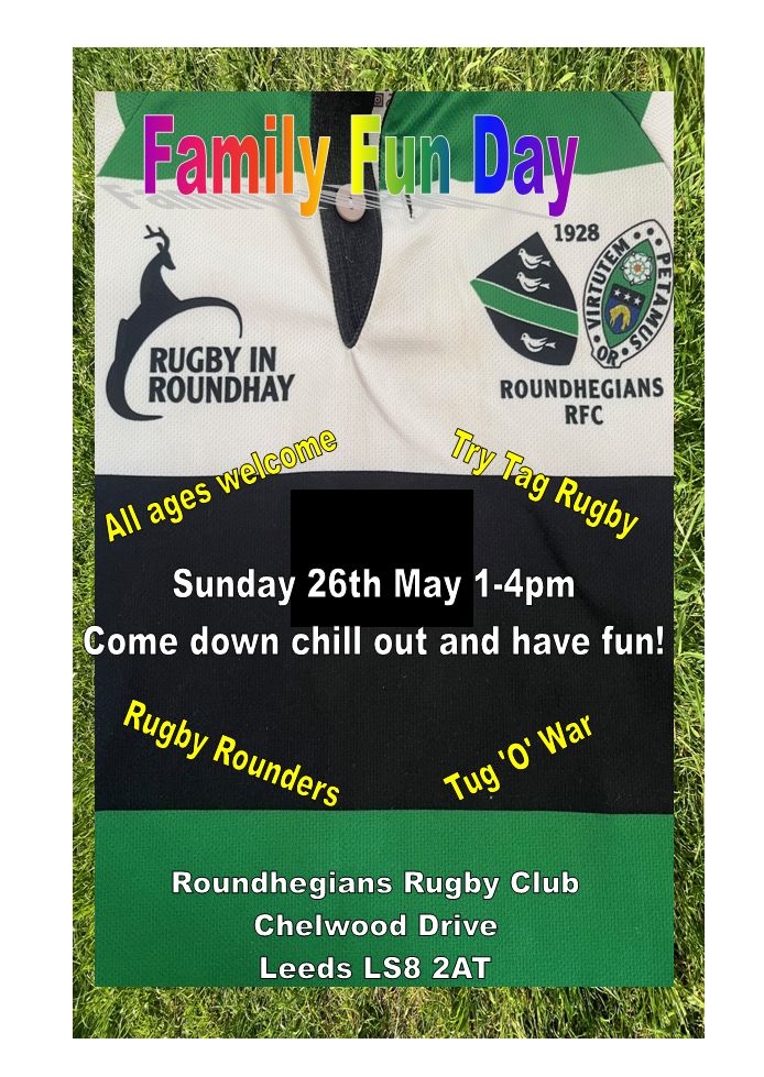 Mini Rugby Family Fun Day - next Sunday, 1-4pm. Bar will be open and the playoff final will be on the big screen. Bar open 1-7pm.