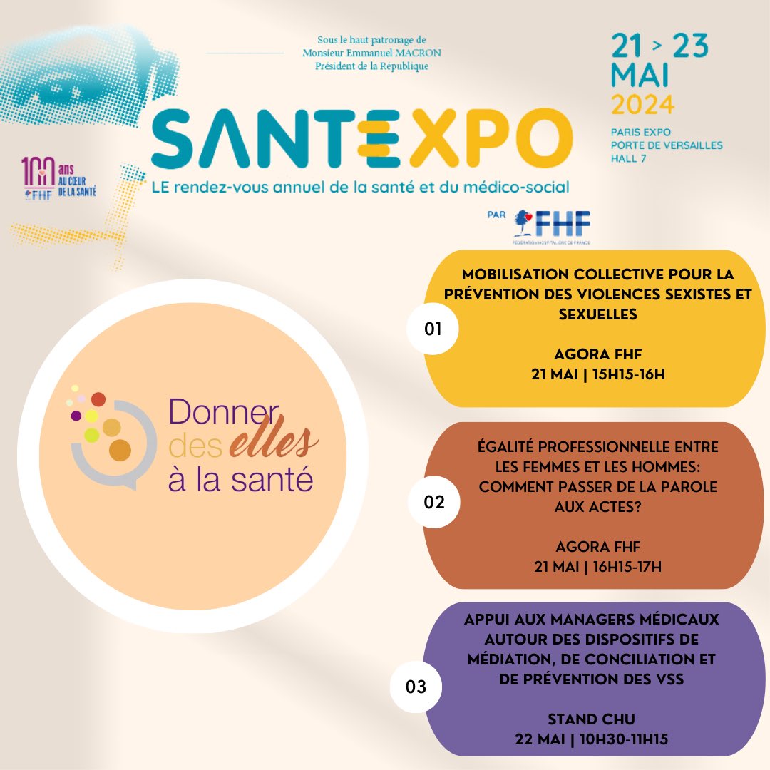 Retrouvez-nous à @parisSANTEXPO sur 2 tables rondes avec la @laFHF autour de l’égalité professionnelle (avec le CNG) et des VSS notamment (avec la DGOS, l’@ISNItwit l’@ISNARIMG et l’@ANEMF) et sur une table ronde gouvernance et VSS au stand des CHU @CHUMEDIA_