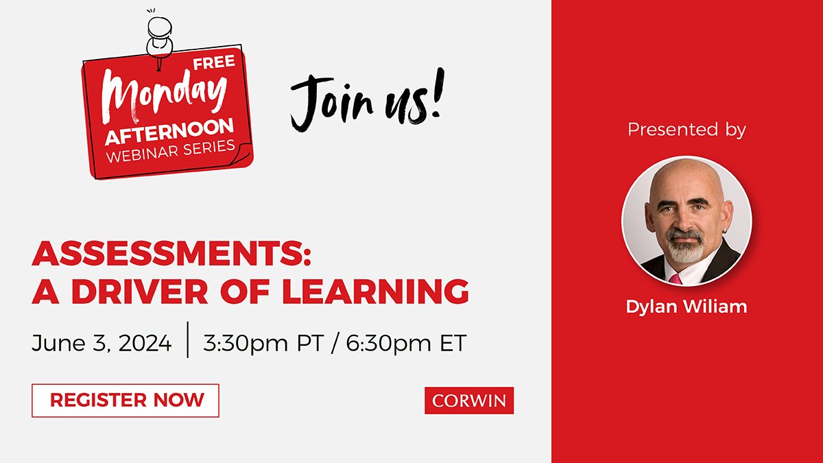 Assessment serves as the bridge between teaching and learning. 🌟 Join @dylanwiliam on June 3rd to unpack the methods behind assessment and to learn how educators can enhance decision-making and improve student learning outcomes. Register now: ow.ly/GBst50RotrC