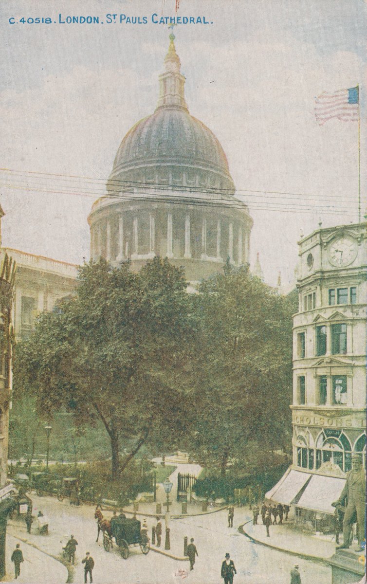 St Paul's Cathedral, posted in 1929 to Miss House in Warminster. 'Just come back from the chapel. It was a lovely service and you would have enjoyed it – although it was not high. We went to a matinee yesterday. It was jolly good.' #PostedInThePast