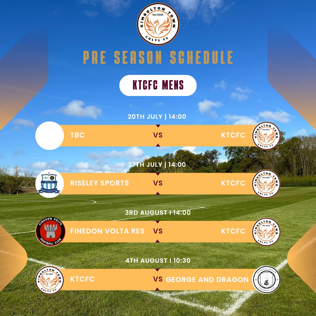 Senior football is coming back to Kimbolton. This season sees the return of a men's side at Kimbolton. Our preseason schedule is below. We are looking for an away friendly on 20th July. Up the Kim.......Footballs coming home @RiseleySportsFC @finedonvolta @George_DragonFC