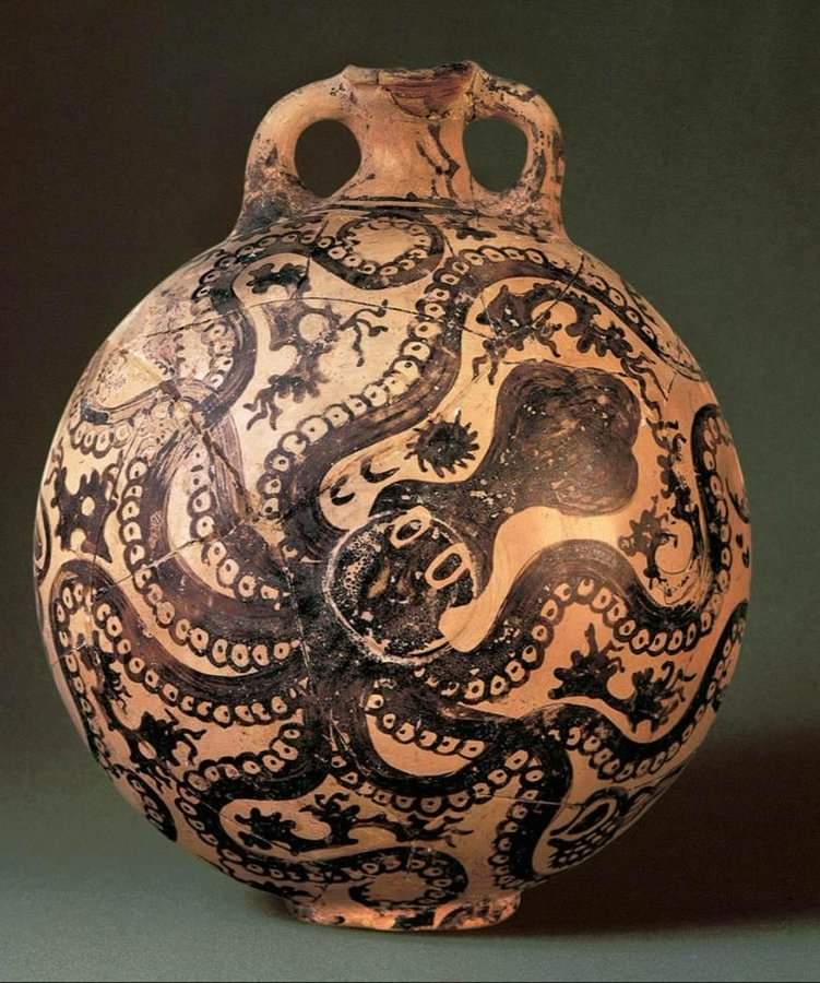 Octopus Vase (1500 BC) from Palaikastro, Crete - Greece :

This vase, found at Palaikastro, a wealthy site on the far eastern coast of Crete, is the perfect example of elite Minoan ceramic manufacture. It is 27cm high, wheel-made, hand-painted, and meant to hold a valuable