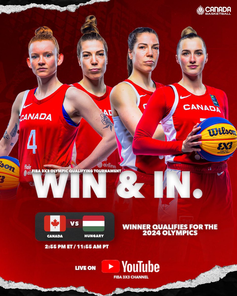 It’s simple — win, and we’re in the Olympics 🍁 Canada’s hopes at history come down to a clash with Hungary for the final spot in the 2024 Olympic Games Tune in at 2:55 am ET / 11:55 am PT on the FIBA 3x3 YouTube Channel & @cbcgem 📺 #3x3OQT | #CB3x3