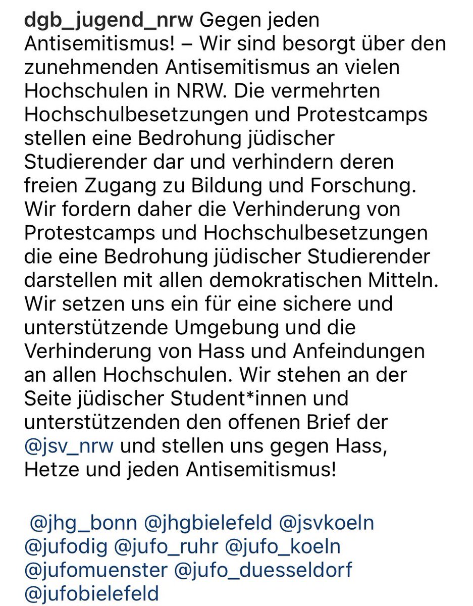 Die @DGBjugendNRW ist solidarisch mit den jüdischen Studierenden in #NRW und kritisiert den zunehmenden #Antisemitismus an den #Hochschulen instagram.com/p/C7EMFiGtBKA/…