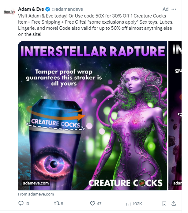 Remember when Twitter ads had standards? Now <a href="/X/">X</a> offers up shit like this. Maybe @XXX would be a better name for this site, @ElonMusk.