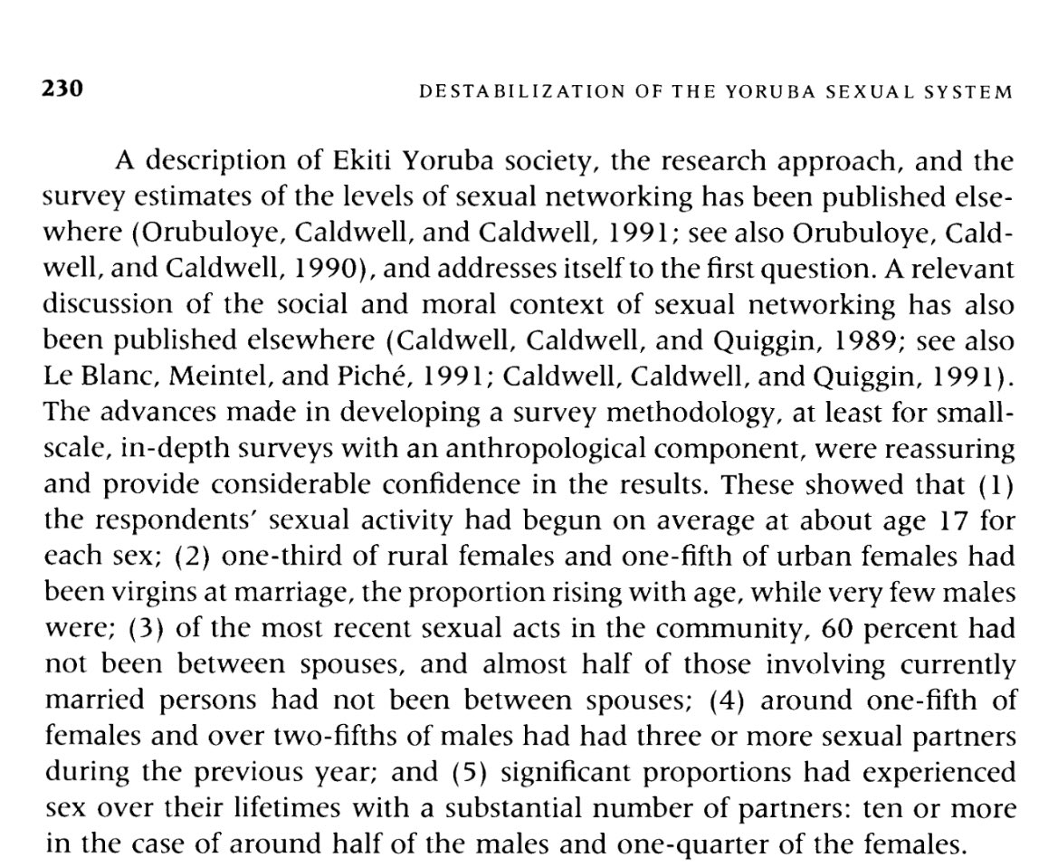 For example, let’s look at this survey from The Destabilization of the Yoruba Sexual System that showed that in Ekiti, only 30% of rural Yoruba females and 25% of urban Yoruba females from Ekiti had been virgins at marriage.

That means 70% of Rural Ekiti Yoruba females and 75%