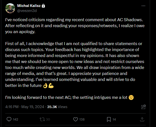 Disappointing... the deranged mob of activists spitting on Japanese history forced the CDPR dev to apologize for having different opinion from the industry hive mind. The video game industry crash some people keep mentioning can't come soon enough...
