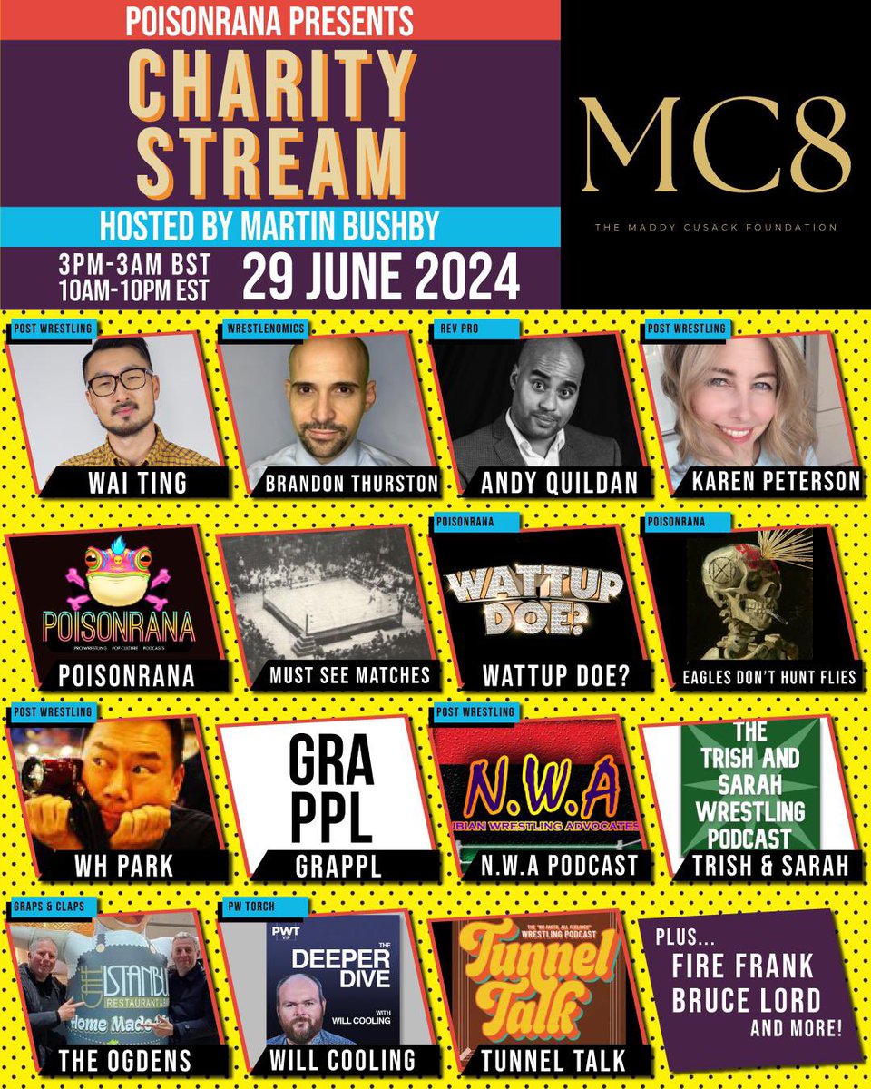 As announced on tonight’s @PoisonranaPod . I’ll be doing a 12 hour charity stream raising money for the @MC8_Foundation on the 29th of June. 3pm-3am (BST) 10am-10pm (EST) Tons of great guests raising for a great cause. More info soon.