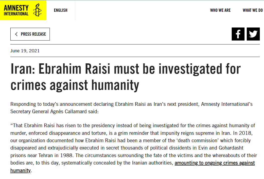 While the world is waiting to find out about the fate of Raisi . Let's remind the world that he is wanted for 'CRIME AGAINST HUMANITY' Even if he is dead, justice will not be served until the criminal Islamic regime of Iran is brought to justice @hrw @amnesty @ACLU