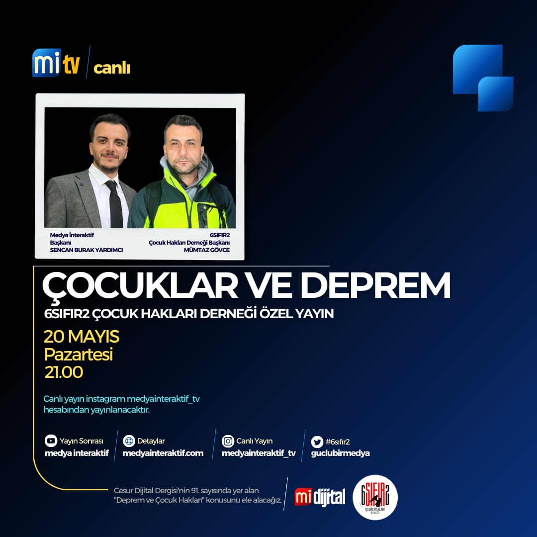 🖤6SIFIR2 Çocuk Hakları Derneği ile ortaklı hazırlanan Cesur Dijital Dergisinin özel yayını ile karşınızdayız. Konumuz, deprem bölgesi çocukları ve çocuk hakları. Medya İnteraktif başkanı @sencanburak sunuyor, 6SIFIR2 Çocuk Hakları Derneği Başkanı <a href="/mumtazgovce/">Mümtaz Gövce</a> yanıtlıyor.