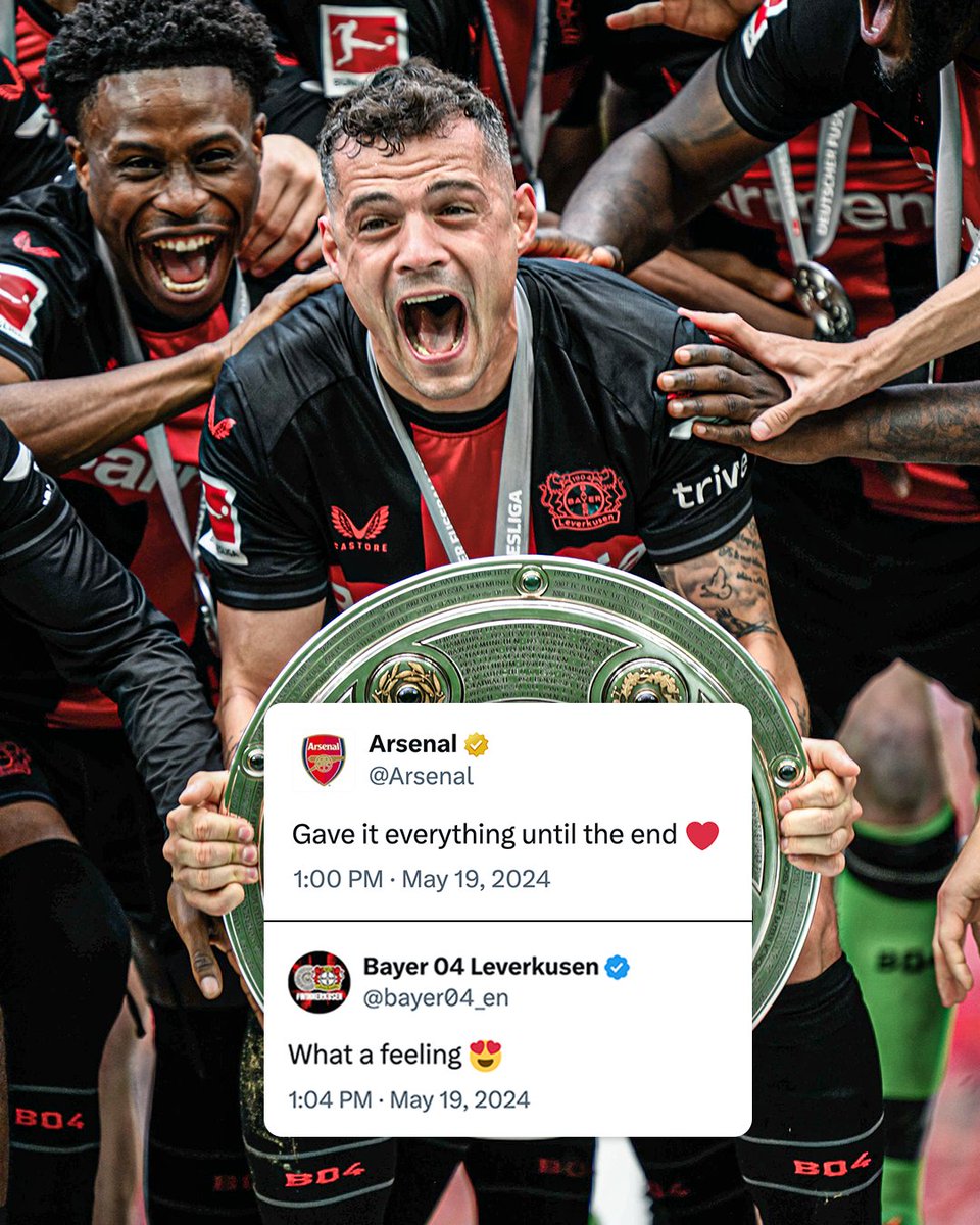 Bayer Leverkusen posted a picture of former Arsenal midfielder Granit Xhaka lifting the Bundesliga trophy just minutes after Arsenal finished second in the Premier League 😅

(📸: @bayer04_en)
