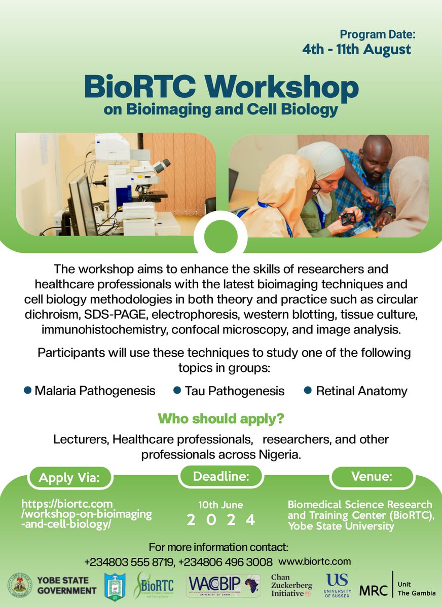 Join us for the #BioRTC2024 Workshop to learn how to use #Bioimaging and other techniques to study topics like malaria pathogenesis, Tau Pathogenesis, and Retinal Anatomy. Apply by June 10: biortc.com/workshop-on-bi…