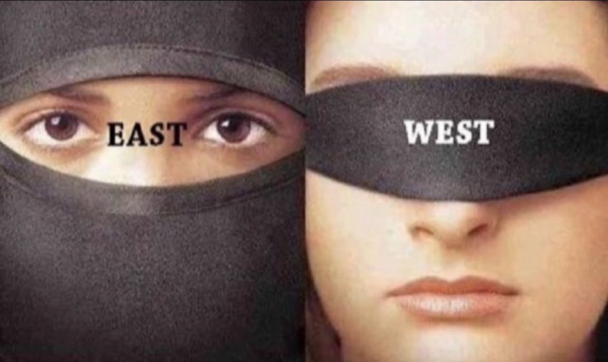 This is the major difference between Eastern world and Western world 🌍 

The East stays sharp and focused:

Women seek to cover their adornments, willingly.

The West has no shame and refuses to see anything, willingly:

Women pretty much walk around naked.