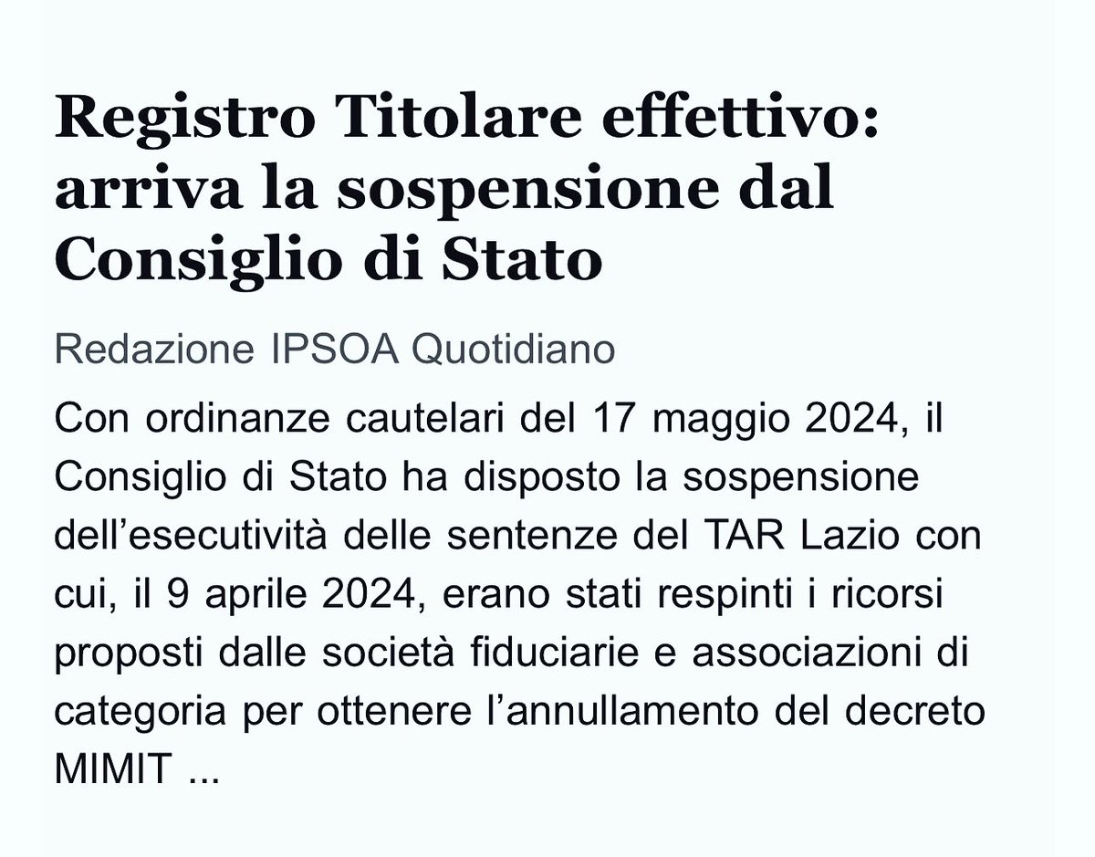 Registro Titolare Effettivo: il Consiglio di Stato ha disposto la sospensione dell’esecutività delle sentenze del TAR Lazio con cui erano stati respinti i ricorsi proposti dalle società fiduciarie e associazioni di categoria per ottenere l’annullamento del decreto MIMIT. #ipsoa