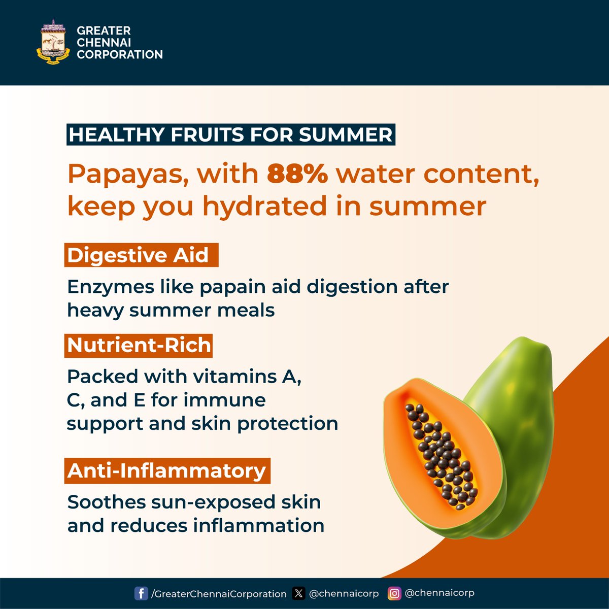 Dear Chennaiites, Stay refreshed this summer with papayas! Hydrate with their 88% water content, aid digestion with papain enzymes, and enjoy immune support and skin protection from their nutrient-rich vitamins. @RAKRI1 #ChennaiCorporation #HereToServe