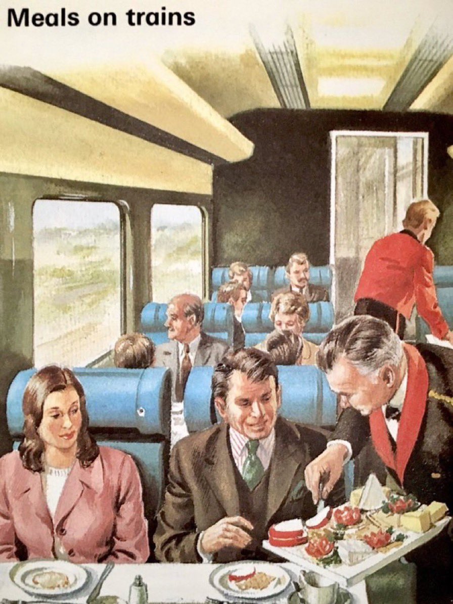 The modern world in old Ladybird books. Eating on trains, 1974. Artist: Frank Humphris