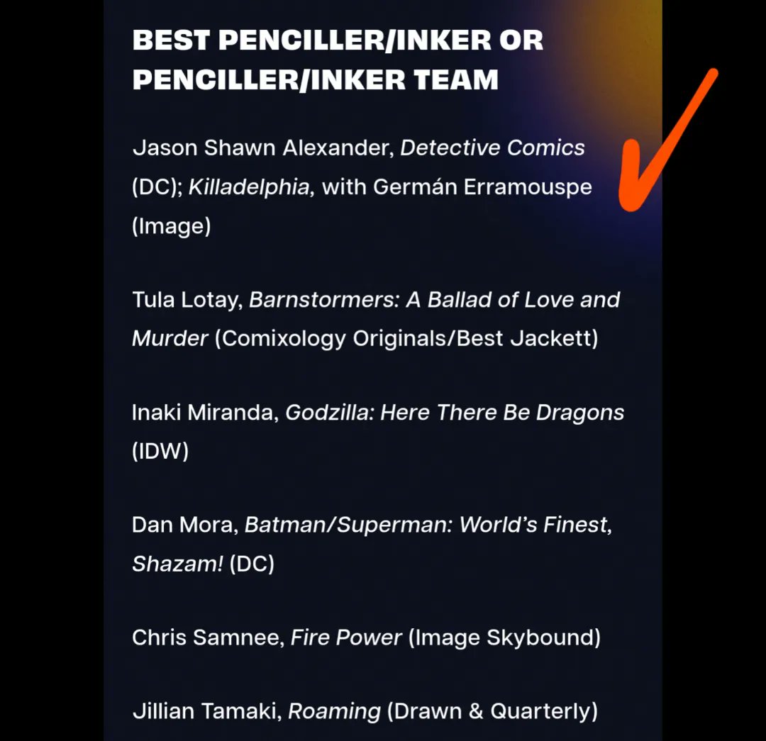 Ger_Erramouspe's tweet photo. It's a great joy and a surprise for me to be nominated for the Eisner Awards along with the Great @jasonshawnalex in the category of best penciller/inker team for our work on Killadelphia Vol 5. https://t.co/Kmgnheiipf