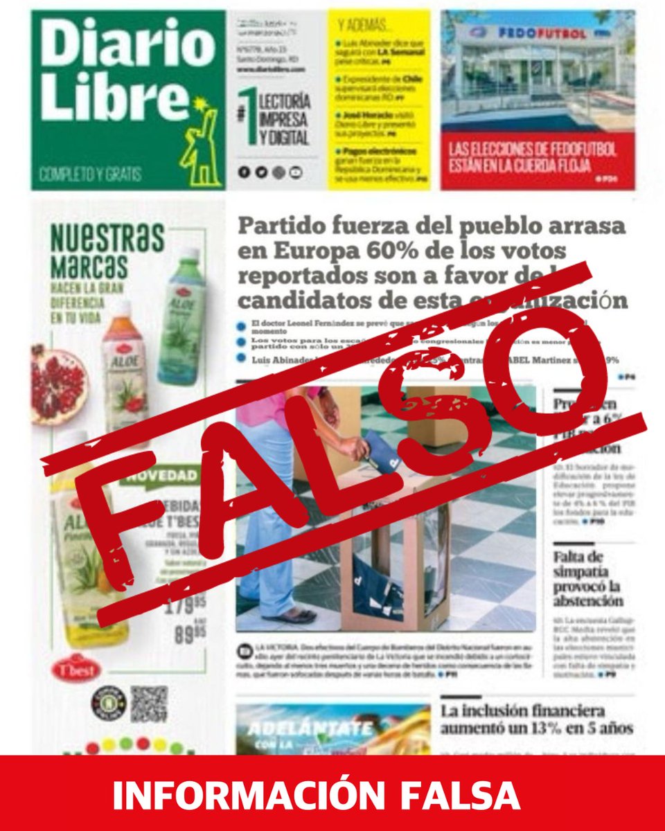 DiarioLibre's tweet image. Informamos a nuestra audiencia que es falsa una información que se difunde en redes sociales haciendo uso de una vieja imagen de nuestra portada impresa.  Les invitamos a mantenerse informado a través de nuestros canales oficiales. 

#DiarioLibre #InformaciónFalsa