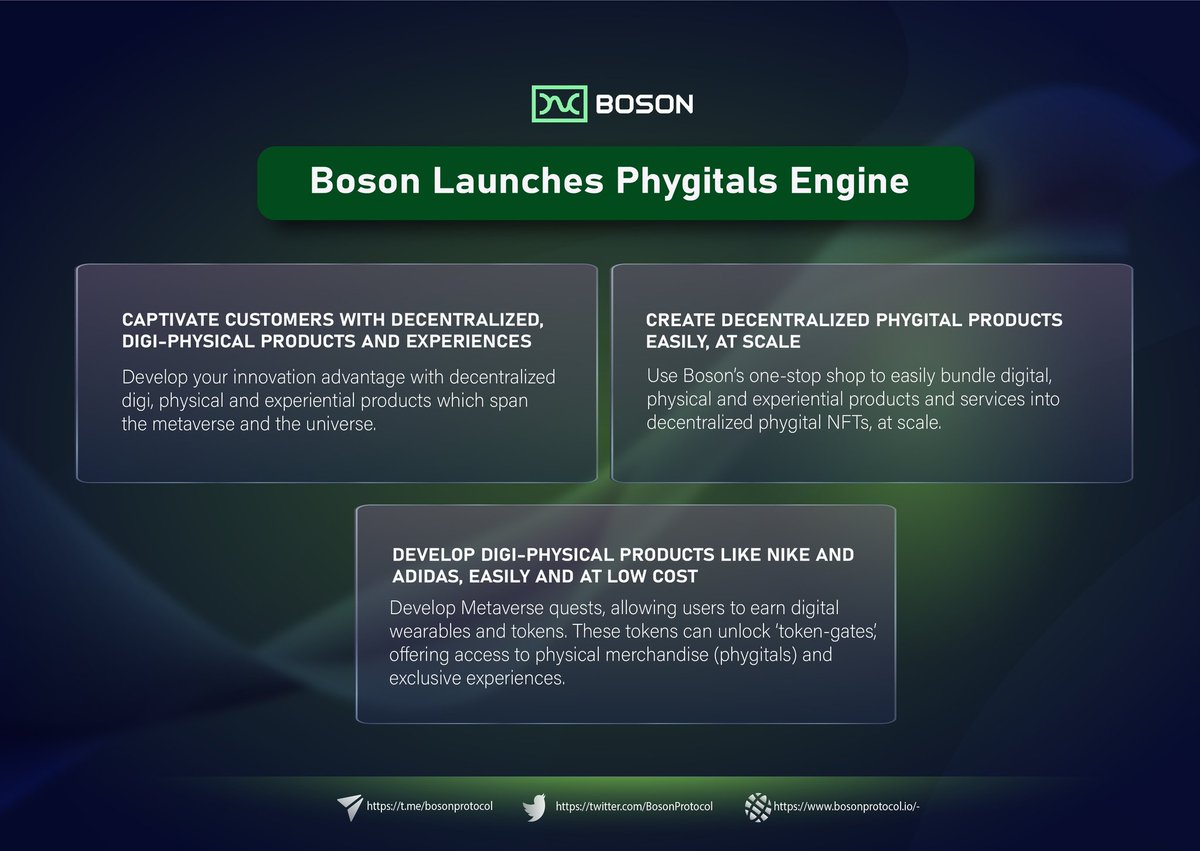 🔔Subtle Reminder: The launch of @BosonProtocol's Phygitals Engine feature is changing the way #commerce is conducted🎉🚀

With #Boson's one-stop shop, you can easily create phygital #NFTs that bundle digital, physical, & experiential products and services at scale. 🛒🛍️

#RWA 🌐