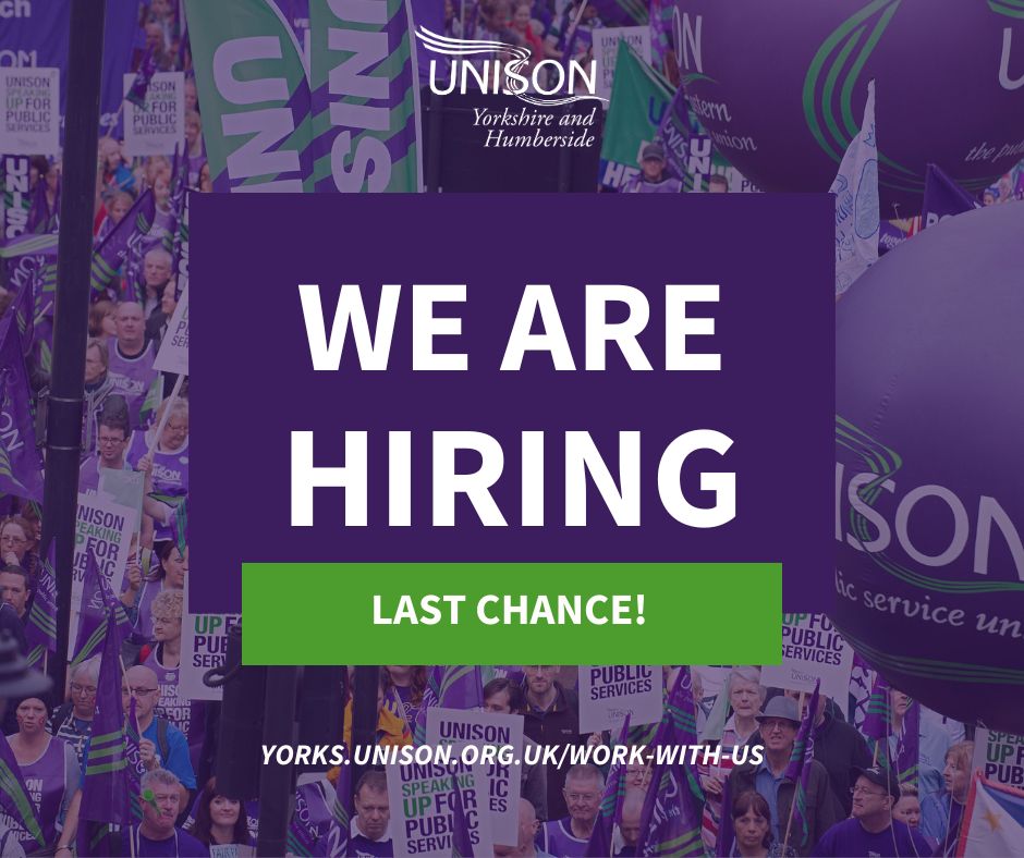 There's still time to apply to be our new area organiser. Be quick though, applications need to be in by 5pm on Wednesday! 👉 yorks.unison.org.uk/work-with-us