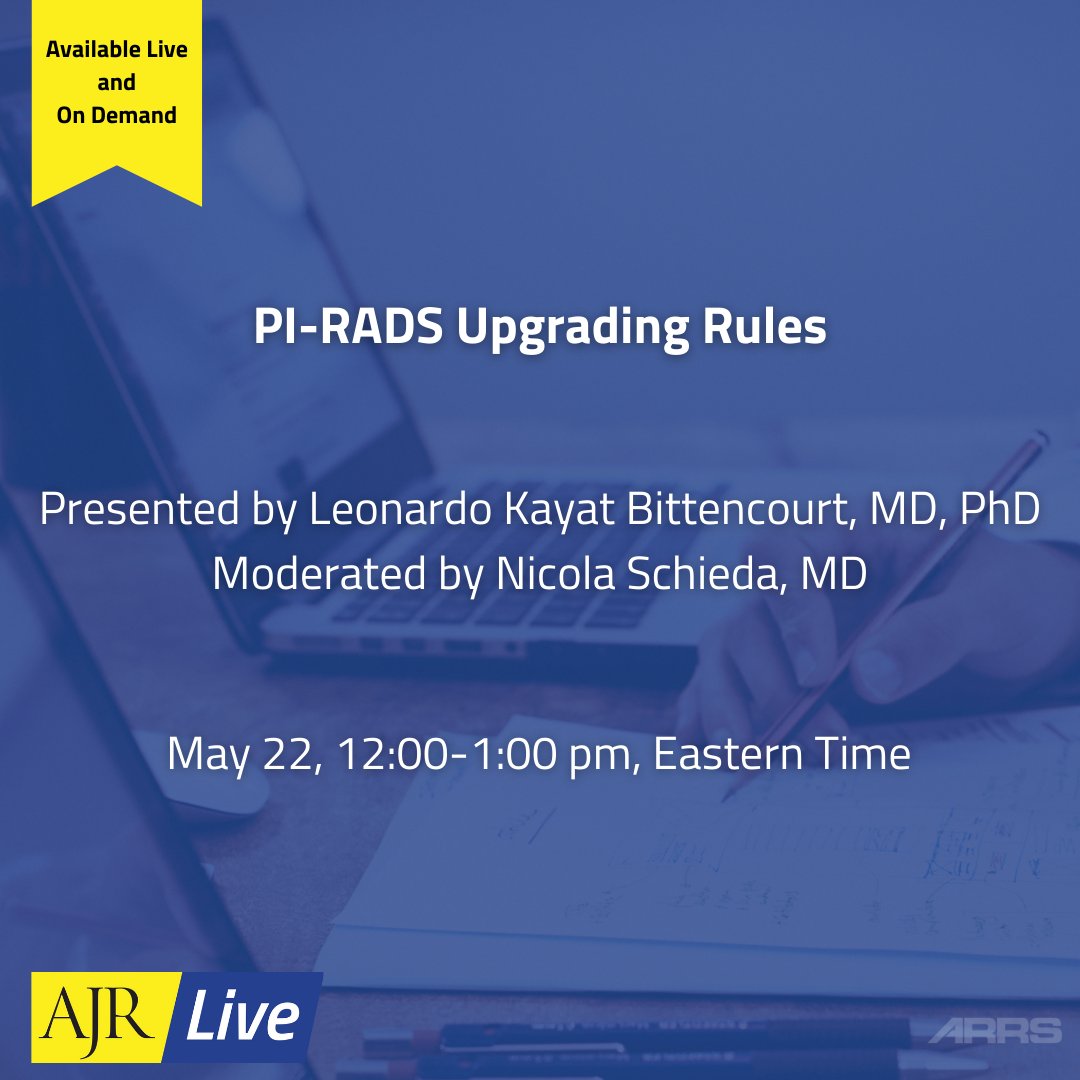 Join <a href="/lkayat/">Leonardo Kayat Bit..</a> this week for a review of the PI-RADS upgrading rules for Category 3 PI-RADS lesions and an evaluation of the clinical net benefit of the PI-RADS upgrading rules in MRI-directed diagnostic pathways.

arrs.org/ajrlive