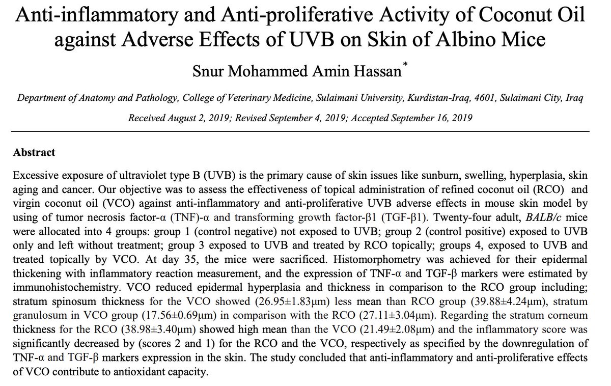 Coconut oil significantly protected the skin against inflammation and photodamage after sun exposure.

Lather up with coconut oil after being in the sun.