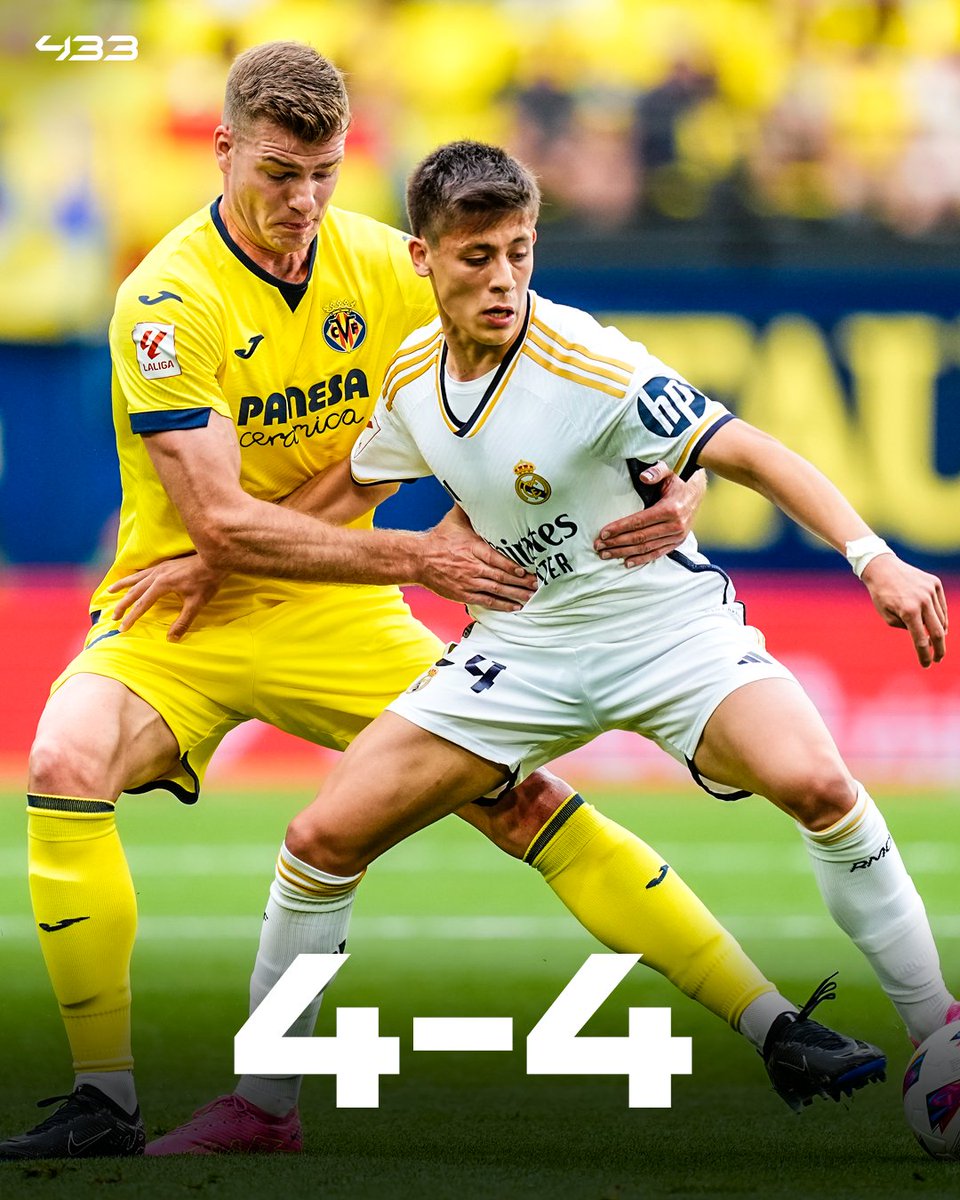 FT: Villarreal 4-4 Real Madrid. Real Madrid blew their 4-1 lead which means they won't end on 99 points. They can still end on 97. #VillarrealRealMadrid #LaLiga
