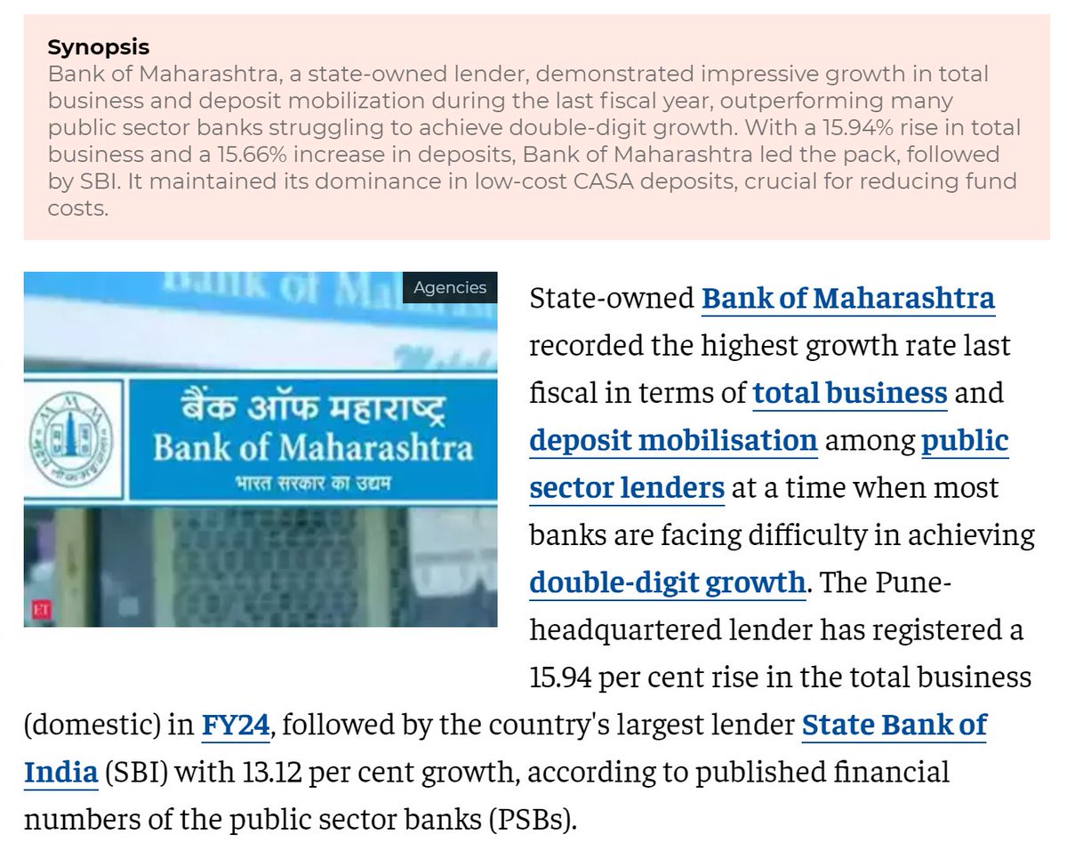 Bank of Maharashtra tops among PSU banks in business growth in FY24 economictimes.indiatimes.com/industry/banki…