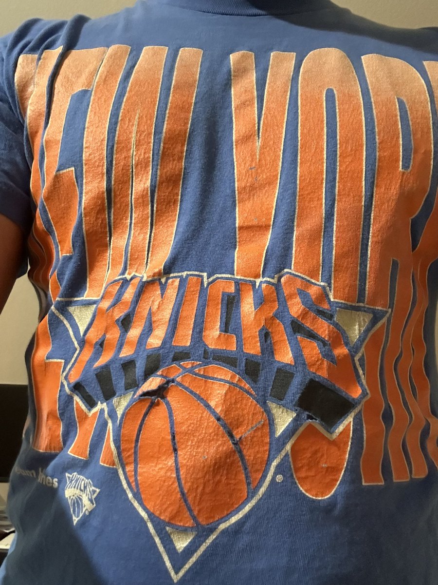 Wearing my 1994 shirt today.  I was 9 years old and went to a playoff game that year wearing this (dad hooked me up with the surprise last minute).
It’s got holes now and today will probably be the last time I wear it.
#Knicks #GoNYGoNYGo