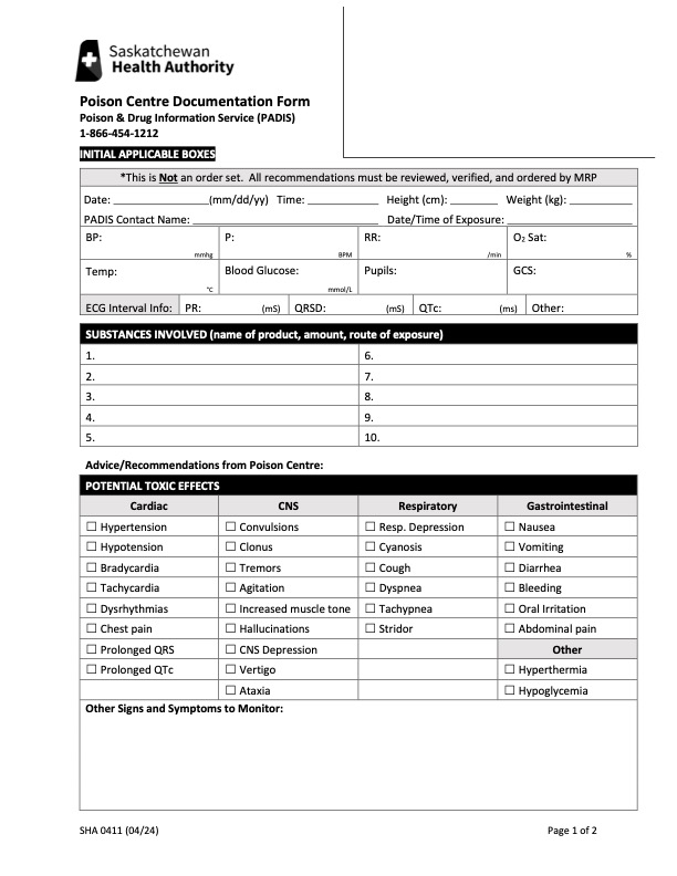 New Poison Centre Documentation Form for the SHA, so everyone in SK is sharing information the same way!
