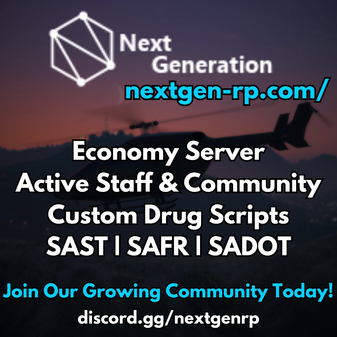 _NextGenRP_'s tweet photo. Looking for a great RP server to call home?

Next Generation Roleplay has an active community and staff team ready to help you start your next adventure!

Hiring for EMS, Fire and DOT currently! 

#GTARP #FiveM https://t.co/BqkVrV7ydf