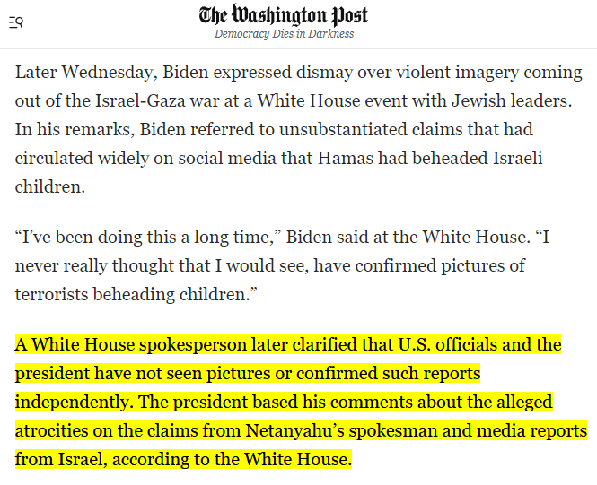 Genocide Joe Biden has been repeating this story that he personally saw photos of a mother and daughter tied with a rope and burned alive alongside beheaded babies for months now, even after the White House said he never saw any photos. This is utterly insane. He keeps lying