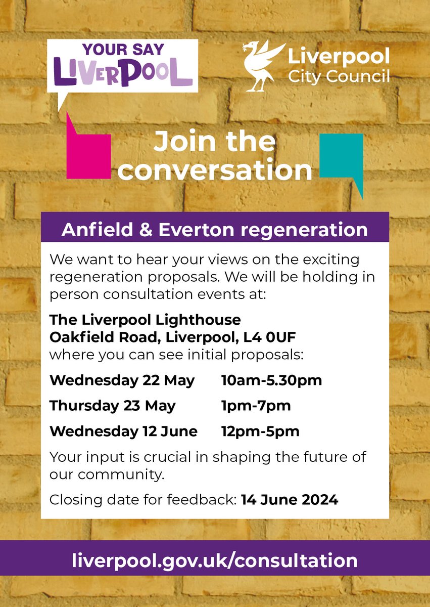 #HaveYourSay on proposals for the latest phase of the #Anfield regeneration programme. We're hosting a hat-trick of public events about a £4m high street revamp from next Wed, 22 May @LivLighthouse. Find out more at: liverpoolexpress.co.uk/consultation-t… #TheNextChapter