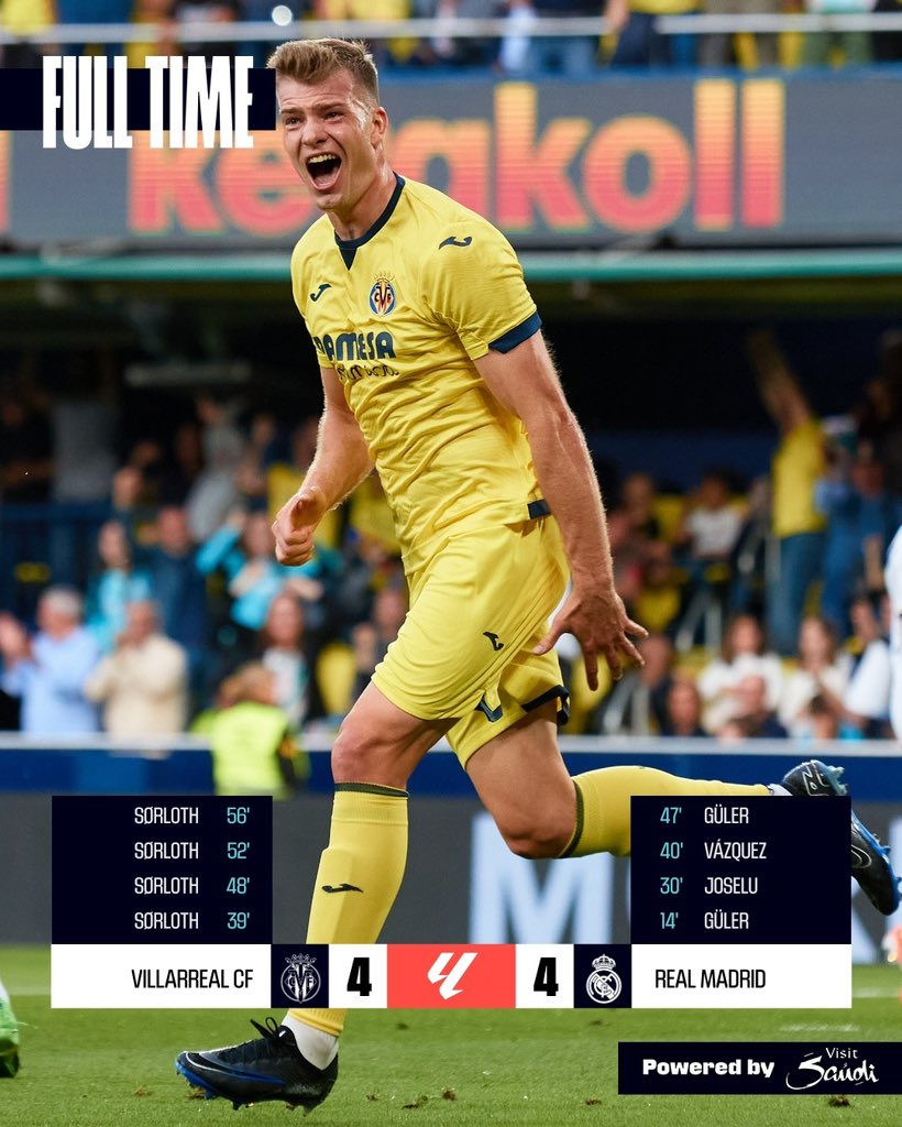 FT #VillarrealRealMadrid 4-4 Villarreal CF come back from 1-4 down to draw with Real Madrid. @Asorloth scored all 4 goals for the Yellow Submarine! #LALIGAEASPORTS | #ResultsByVisitSaudi